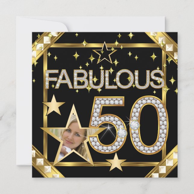 Fabulous 50 Retro Glamour Hollywood Gold Photo Invitation (Front)