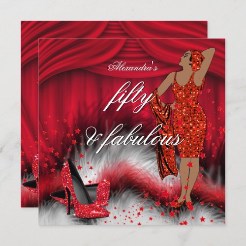 Fabulous 50 Retro Lady Red High Heels Birthday Invitation