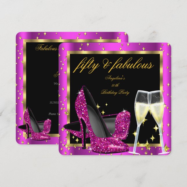 Fabulous 50 Rich Pink Champagne Heels Birthday Invitation (Front/Back)