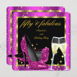Fabulous 50 Rich Pink Champagne Heels Birthday Invitation
