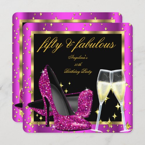 Fabulous 50 Rich Pink Champagne Heels Birthday Invitation