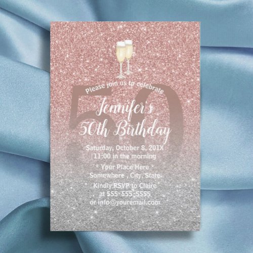 Fabulous 50 Rose Gold  Silver Glitter Birthday Invitation