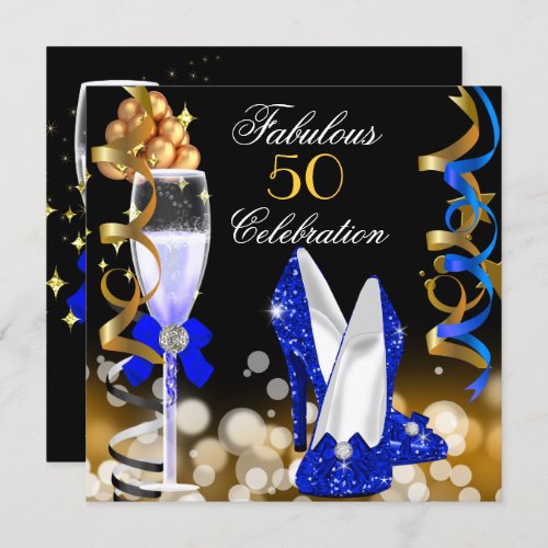 Fabulous 50 Royal Blue Black Gold Birthday Party Invitation