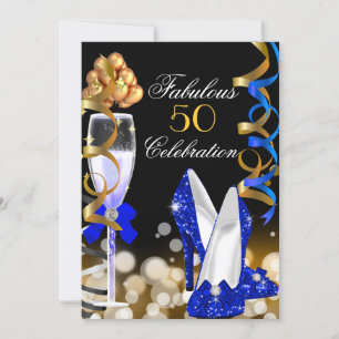 Fabulous 50 Royal Blue Black Gold Birthday Party Invitation