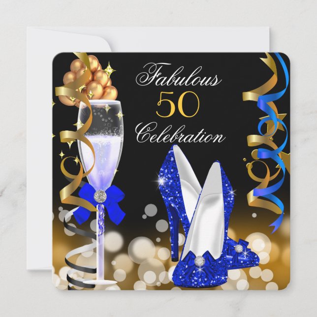 Fabulous 50 Royal Blue Black Gold Birthday Party Invitation (Front)