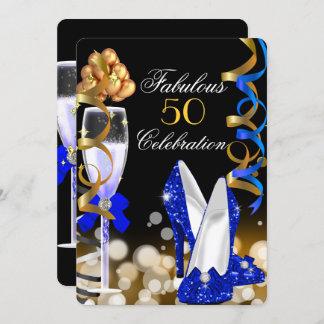 Fabulous 50 Royal Blue Black Gold Birthday Party Invitation