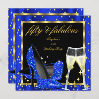 Fabulous 50 Royal Blue Champagne Heels Birthday Invitation