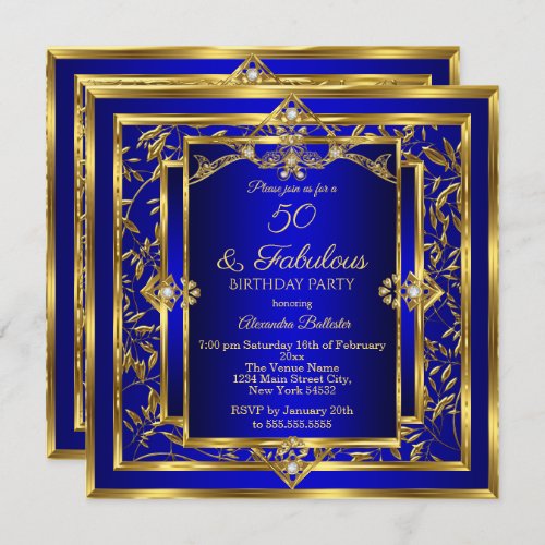 Fabulous 50 Royal Blue Gold Damask Birthday Party Invitation
