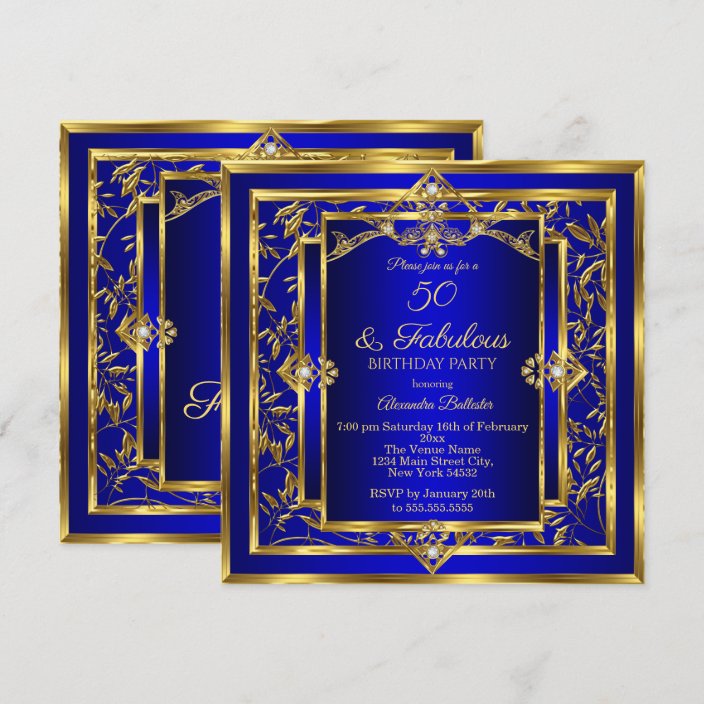 Fabulous 50 Royal Blue Gold Damask Birthday Party Invitation