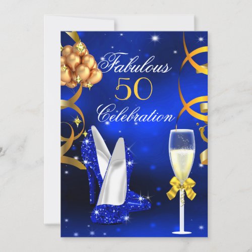 Fabulous 50 Royal Blue Gold Heels Champagne Party Invitation