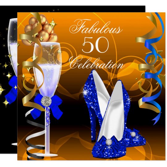 Fabulous 50 Royal Blue Gold Orange Birthday Party Invitation