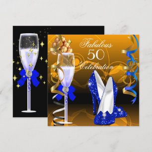 Fabulous 50 Royal Blue Gold Orange Birthday Party Invitation