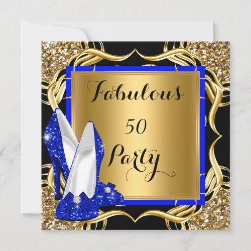 Fabulous 50 Royal Blue Heels Black Glitter Gold Invitation