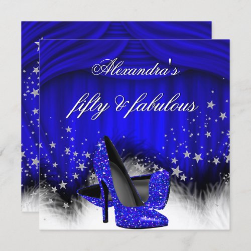 Fabulous 50 Royal Blue High Heels Feather Birthday Invitation