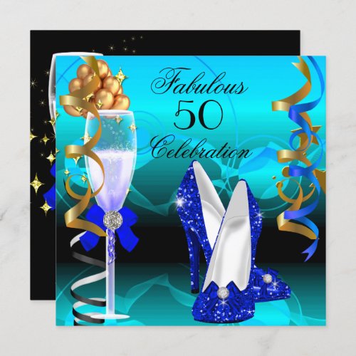 Fabulous 50 Royal Blue Teal Gold Birthday Party Invitation