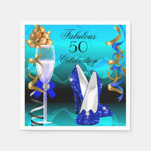 Fabulous 50 Royal Blue Teal Gold Birthday Party Paper Napkins