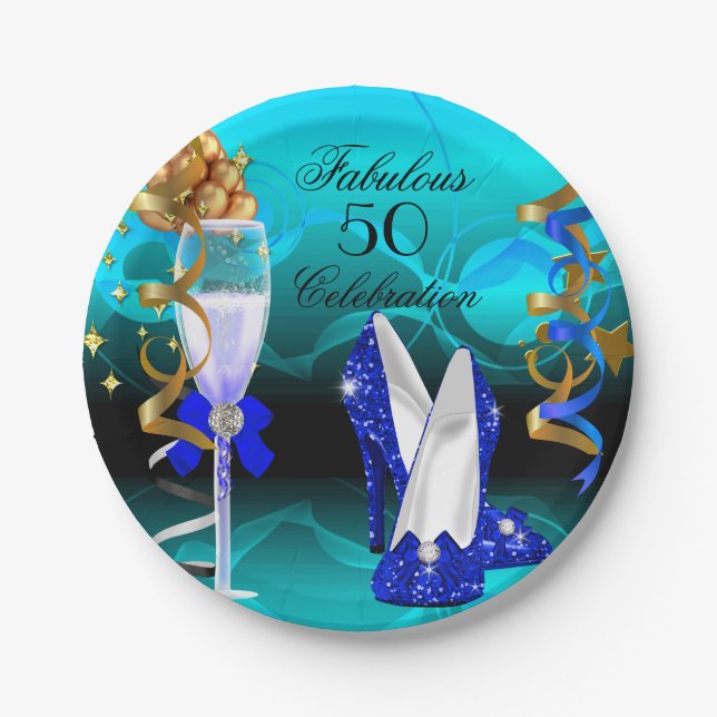 Fabulous 50 Royal Blue Teal Gold Birthday Party Paper Plates (Front)