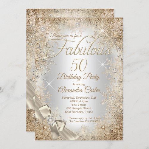 Fabulous 50 Silver Beige Cream Pearl Bow Snowflake Invitation