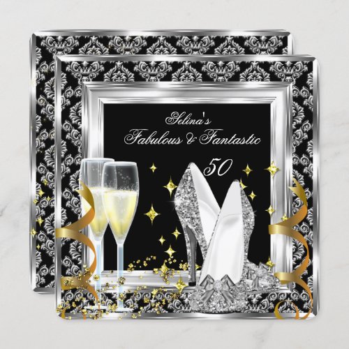 Fabulous 50 Silver Damask Black Birthday Party Invitation