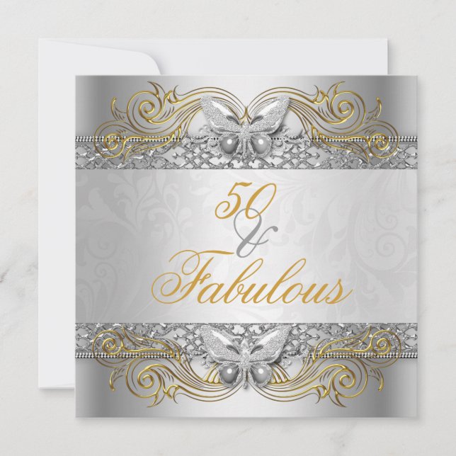 Fabulous 50 Silver Gold Butterfly Birthday Party Invitation (Front)