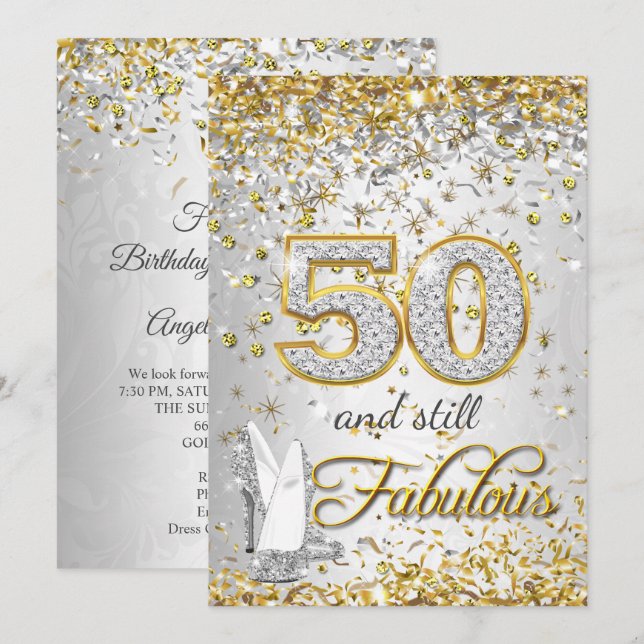 Fabulous 50 Silver gold High Heels party Invitation (Front/Back)