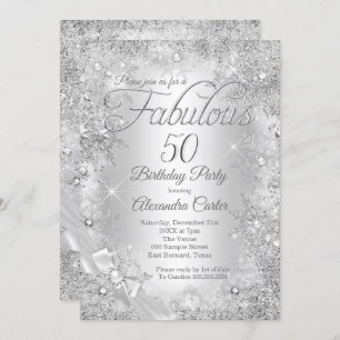 Fabulous 50 Silver White Pearl Bow Snowflake Invitation