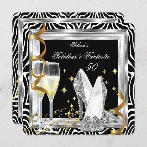 Fabulous 50 Silver Wild Black White Birthday Party Invitation