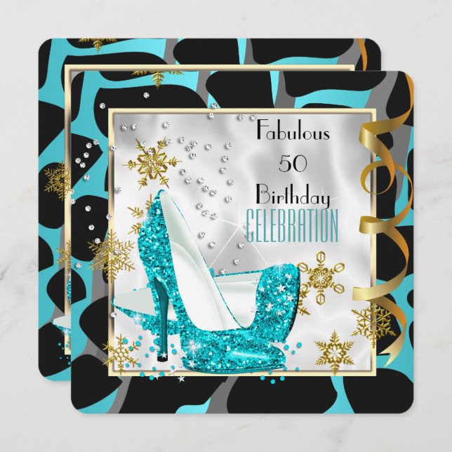 Fabulous 50 Teal Black White Wild Birthday Party Invitation (Front/Back)