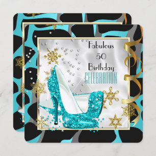Fabulous 50 Teal Black White Wild Birthday Party Invitation