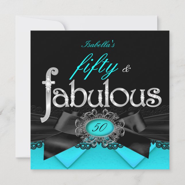 Fabulous 50 Teal Blue Black Lace Birthday Party Invitation (Front)