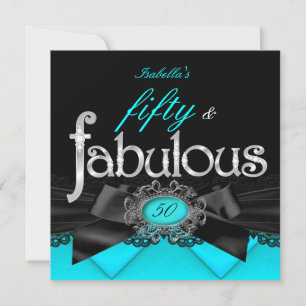 Fabulous 50 Teal Blue Black Lace Birthday Party Invitation