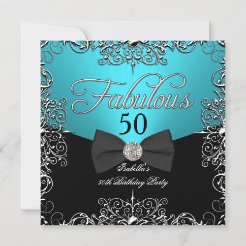 Fabulous 50 Teal Blue Elegant Birthday Party Invitation