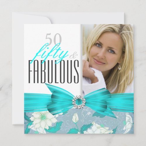 Fabulous 50 Teal Blue Floral Birthday Party 2 Invitation