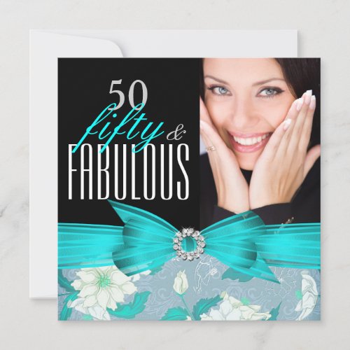 Fabulous 50 Teal Blue Floral Birthday Party Invitation
