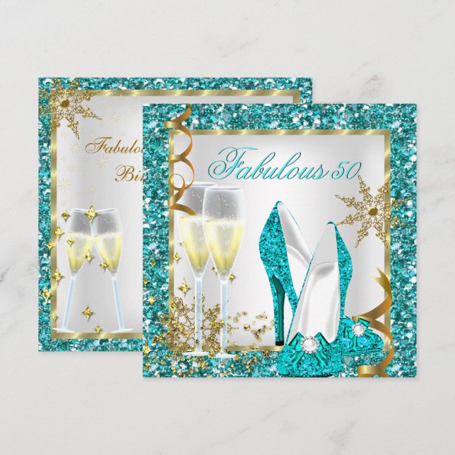Fabulous 50 Teal Blue Glitter Gold Birthday Party Invitation (Front/Back)
