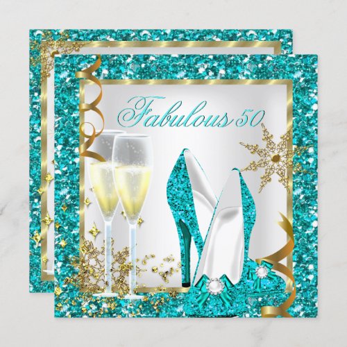 Fabulous 50 Teal Blue Glitter Gold Birthday Party Invitation