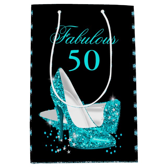 Fabulous 50 Teal Blue Glitter High Heels Medium Gift Bag (Front)