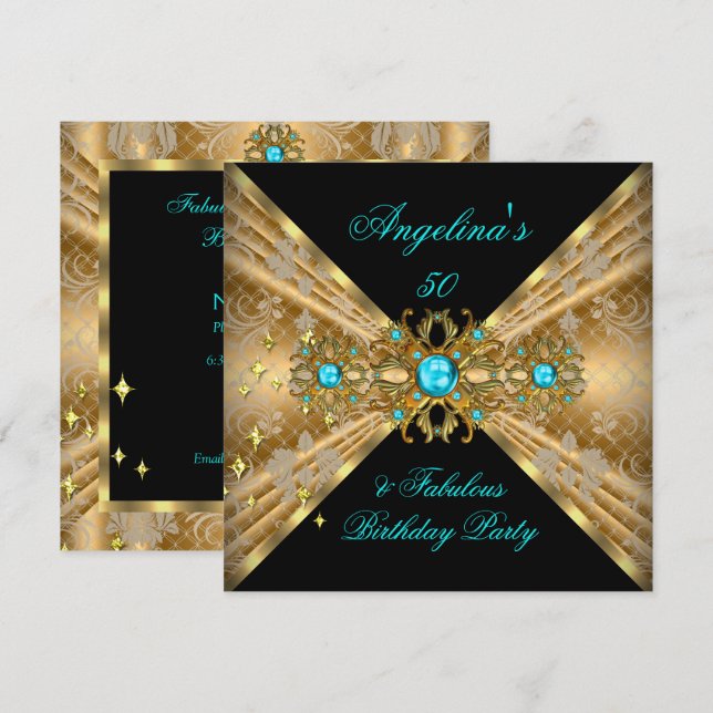 Fabulous 50 Teal Blue Gold Black Damask Birthday Invitation (Front/Back)