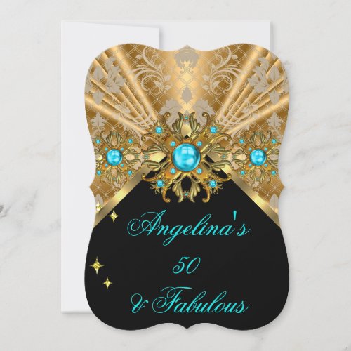 Fabulous 50 Teal Blue Gold Black Damask Birthday Invitation