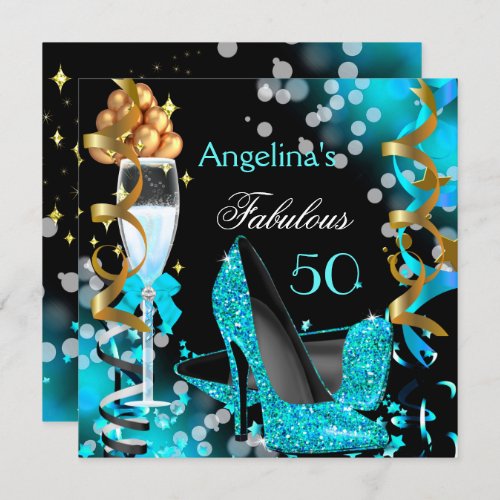Fabulous 50 Teal Blue Heels Gold Bubbles Party Invitation