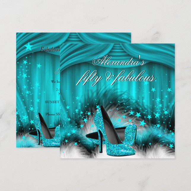 Fabulous 50 Teal Blue High Heels Feathers Birthday Invitation (Front/Back)