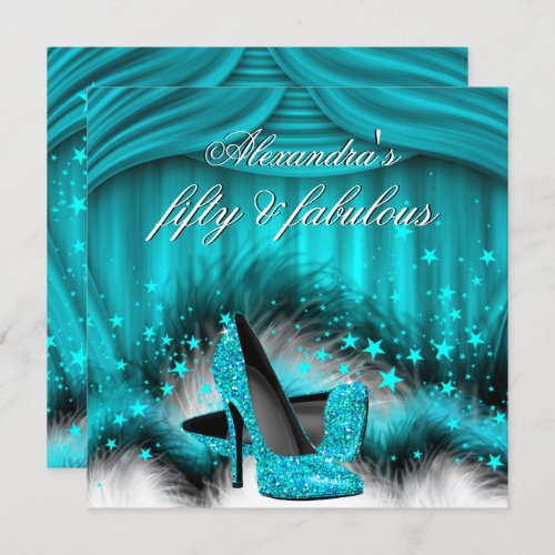 Fabulous 50 Teal Blue High Heels Feathers Birthday Invitation