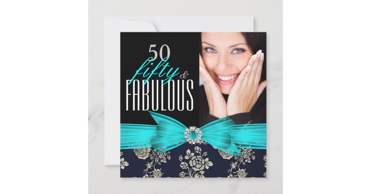 Fabulous 50 Teal Blue Navy Damask Birthday Party Invitation Zazzle