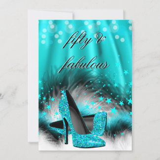 Fabulous 50 Teal Blue Stars High Heels Birthday Invitation