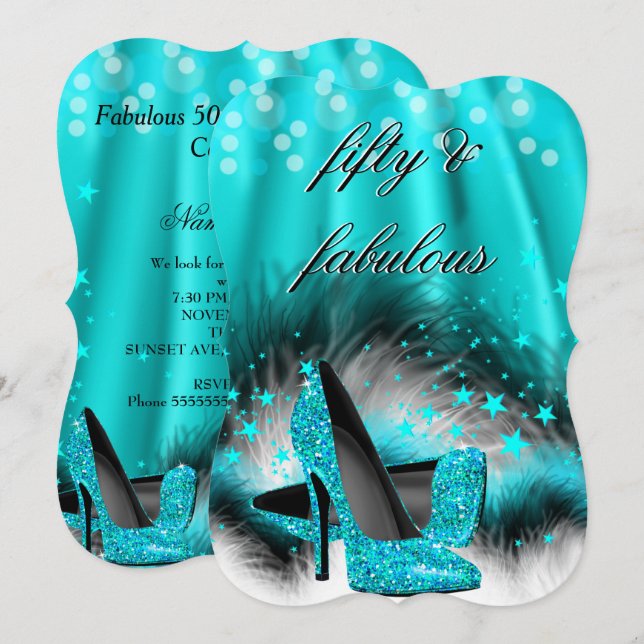 Fabulous 50 Teal Blue Stars High Heels Birthday Invitation (Front/Back)