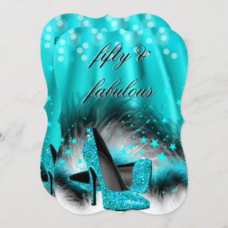 Fabulous 50 Teal Blue Stars High Heels Birthday Invitation