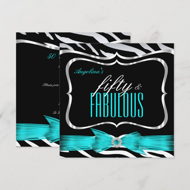 Fabulous 50 Teal Blue Zebra Black Elegant Birthday Invitation (Front/Back)