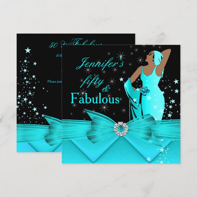 Fabulous 50 Teal Glamorous Retro Woman Birthday Invitation (Front/Back)