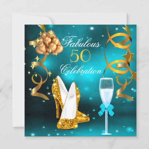 Fabulous 50 Teal Gold High Heel Champagne Party Invitation