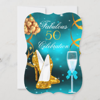 Fabulous 50 Teal Gold High Heel Champagne Party Invitation